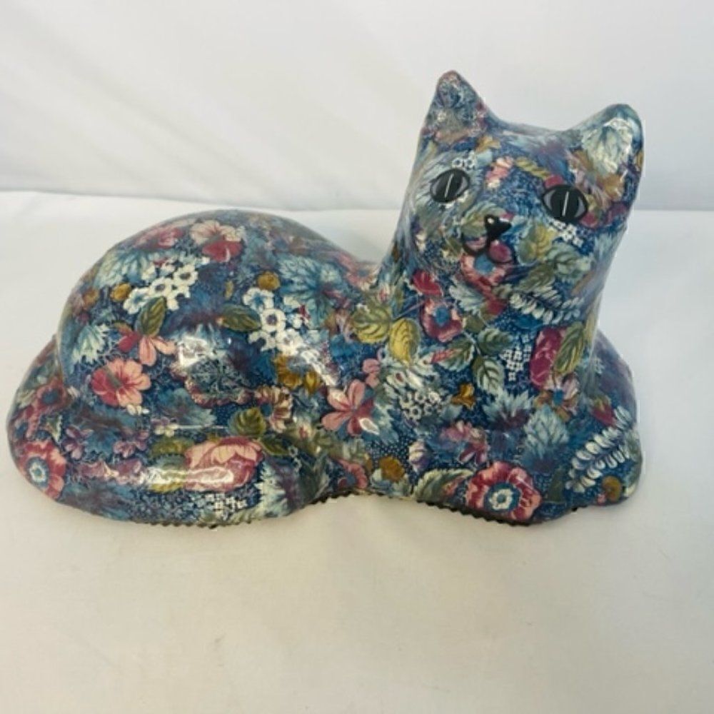 Vtg Kitty Cat Ceramic Decoupage Patchwork Floral Blue Eye Cat Statue 12" Very Go